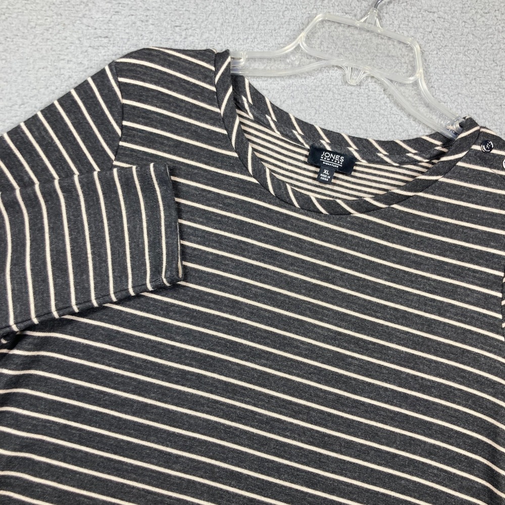Jones New York Striped Top Womens XL Charcoal Grey Button Shoulder Long Sleeve